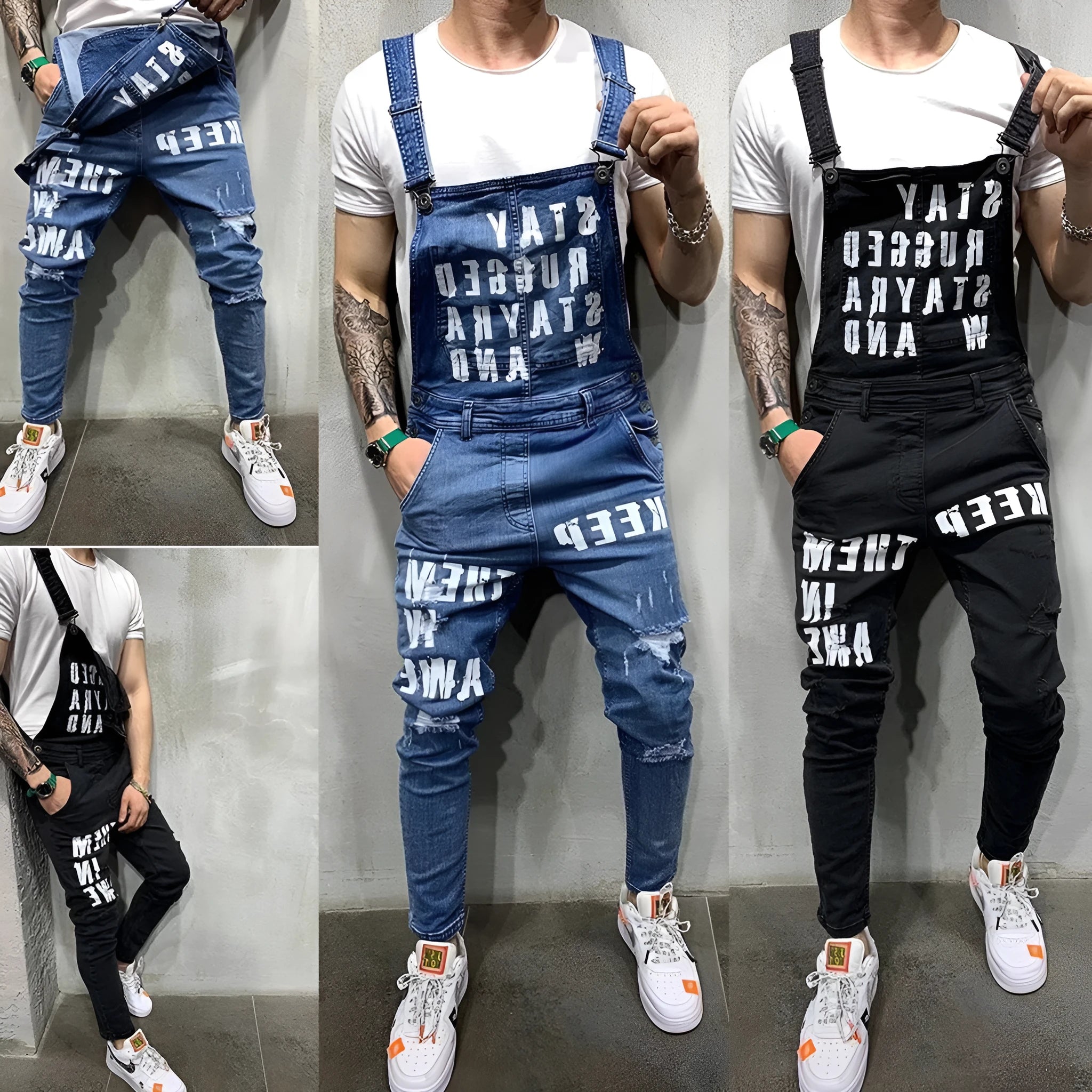 Men's black braces ripped jeans jumpsuit with adjustable shoulder straps on a model