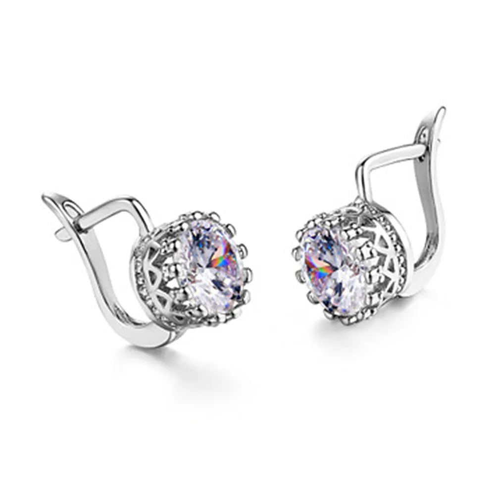 Korean retro style crown-shaped clip-on earrings with white diamond accents on a rose gold or white gold coloured finish.