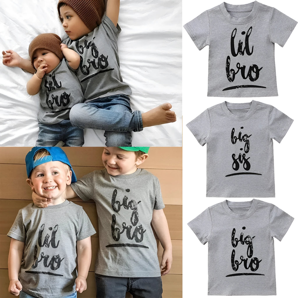 Grey cotton t-shirt for a child with a print, shown in sibling-themed colour variations.