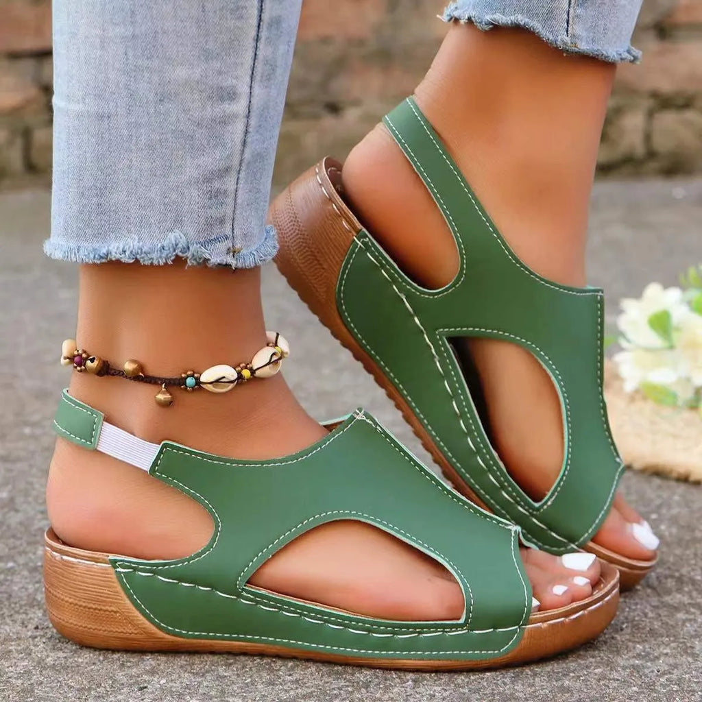 Women's casual wedges sandals with elastic band and fish mouth toe in recycled leather