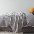 Small rectangular polyester nap blanket in dark grey, khaki, and light grey colours, measuring 127 by 170 cm.