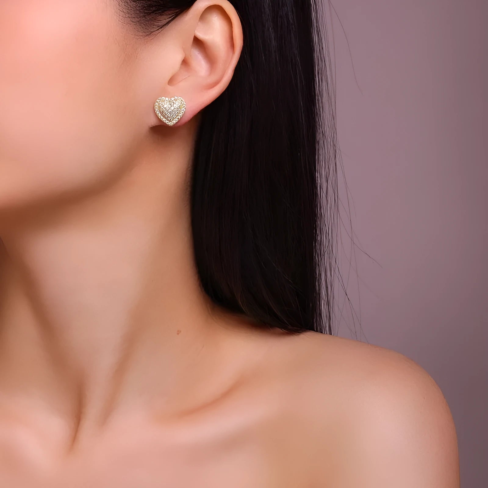 Pair of golden heart-shaped moissanite stud earrings on S925 sterling silver posts