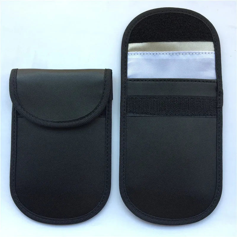 Black signal blocking pouch for car key fob protection measuring 20x10cm