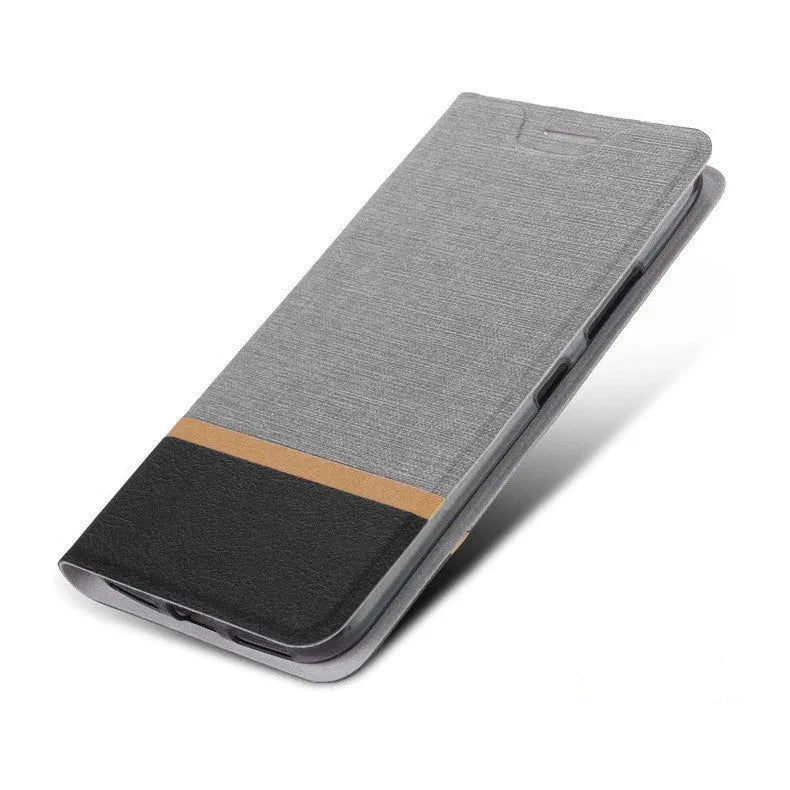 Glory 8A phone case with PU denim leather pattern and TPU crystal clear water case in Black, Blue, or Grey