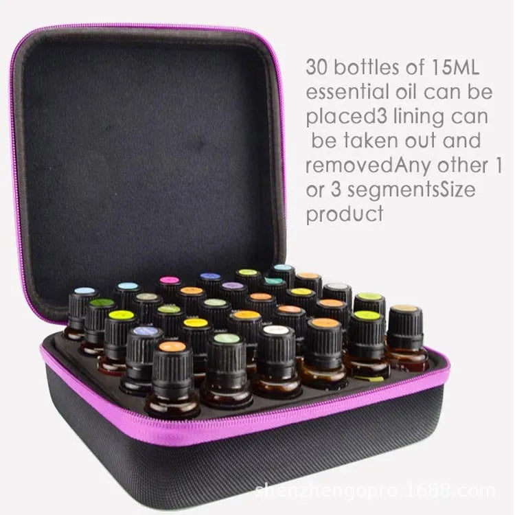 Red EVA essential oil storage bag with 30 compartments mounted on a wall