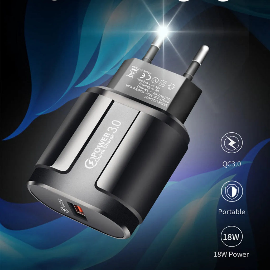 Compact black and white smart charger for mobile phones showing EU, UK, and US plug options