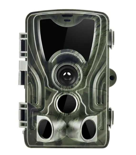 Green cellular trail camera with belt mount showing display screen and infrared LEDs