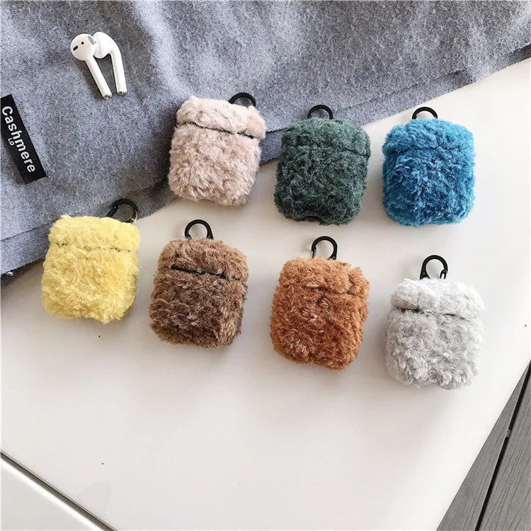 Plastic and plush protective cover for Apple AirPods 1, 2, and Pro 3 charging case in assorted colours.