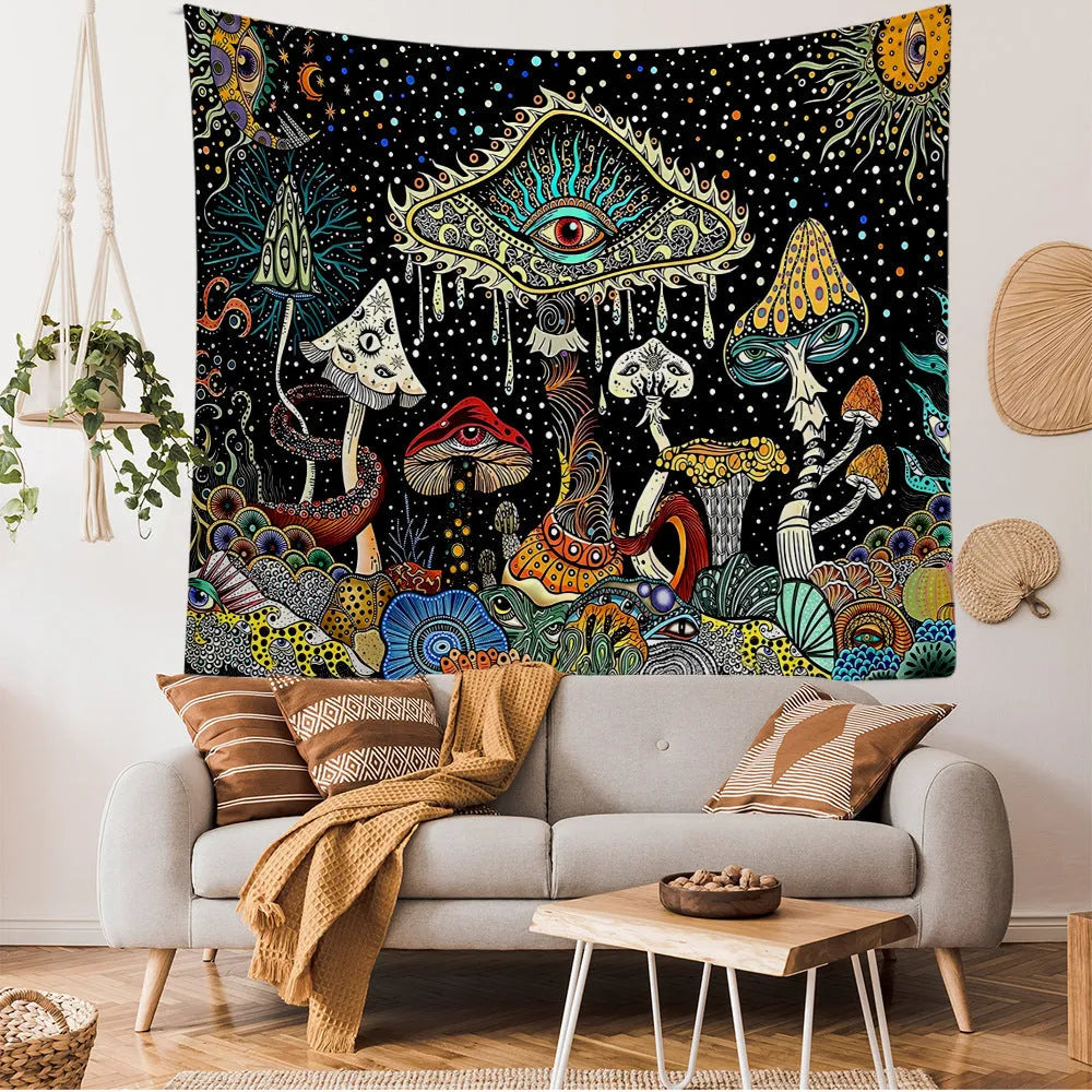 Polyester machine woven tapestry with skull mushroom geometric abstraction pattern in starry mushroom colour