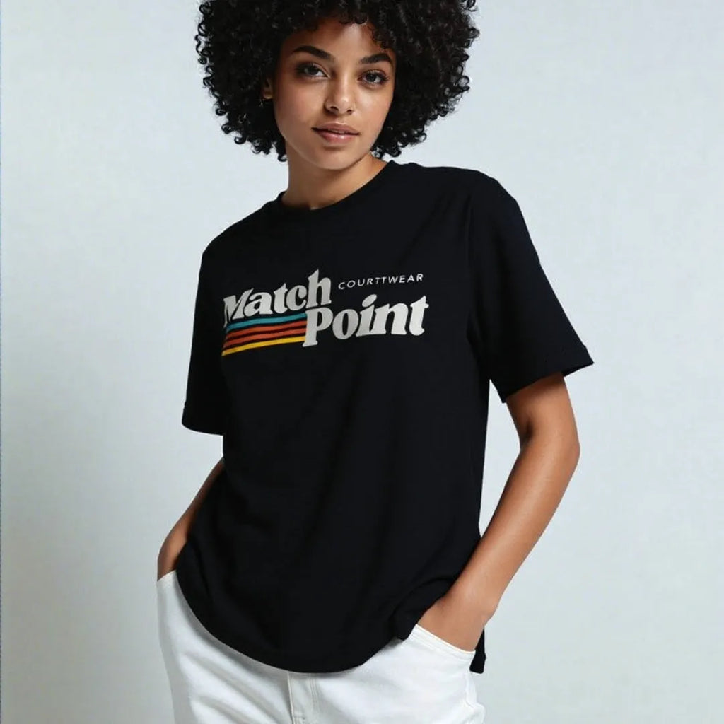 Black men's T-shirt with a 3D digital printed pattern, showing round neck and short sleeves.