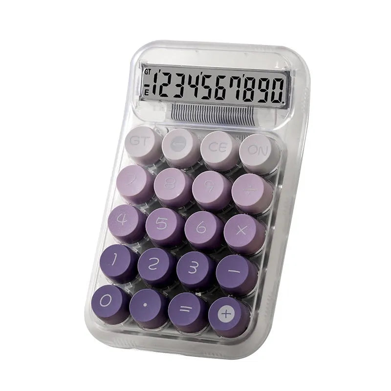 Round mechanical calculator with gradient colour keys in mute blue, green, pink, or purple