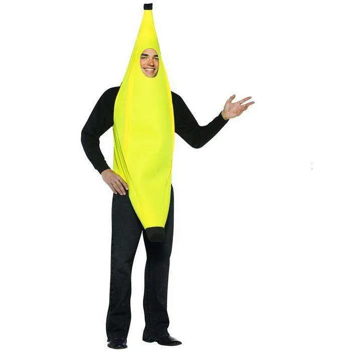 Yellow banana costume for adults made from polyester, available in sizes M and L