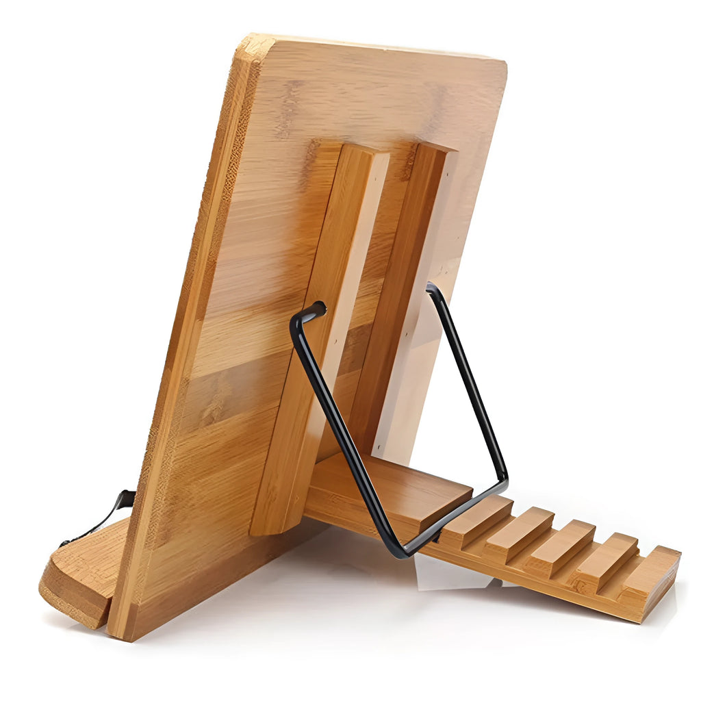 Solid wood bamboo hollow reading frame in glossy white or natural finish, sizes S M L, holding a copybook on a desk.