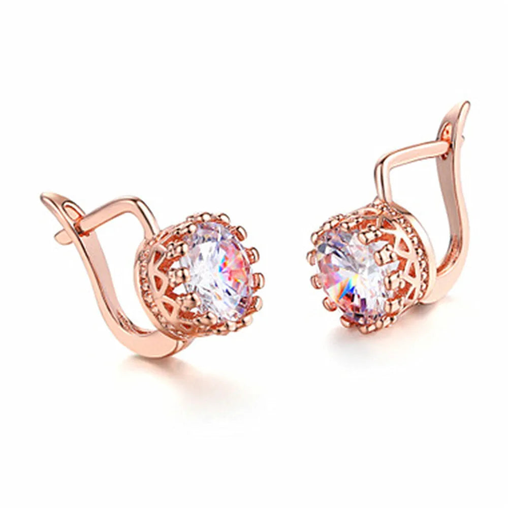 Korean retro style crown-shaped clip-on earrings with white diamond accents on a rose gold or white gold coloured finish.
