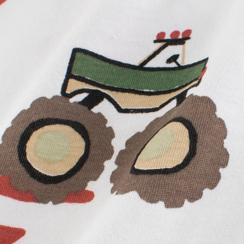 Children's car short sleeve t-shirt in white with cartoon car print, soft fabric, summer top for kids 3-8 years