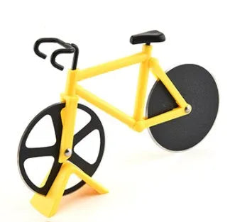 Bicycle shaped pizza cutter with stainless steel blade and ABS handle on white background