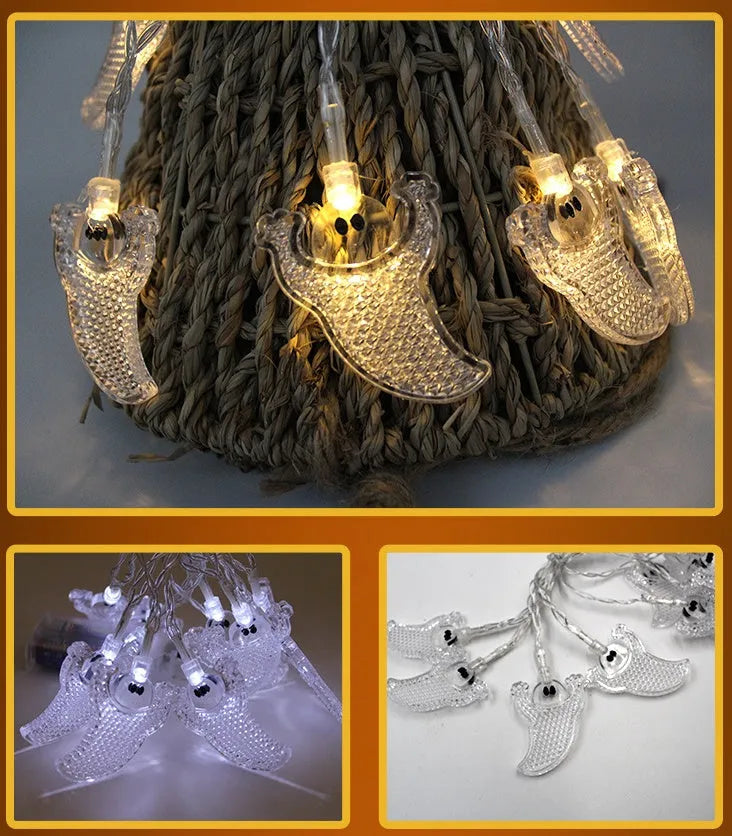 Halloween LED string lights with pumpkin, bat, and ghost decorations hanging on a wall