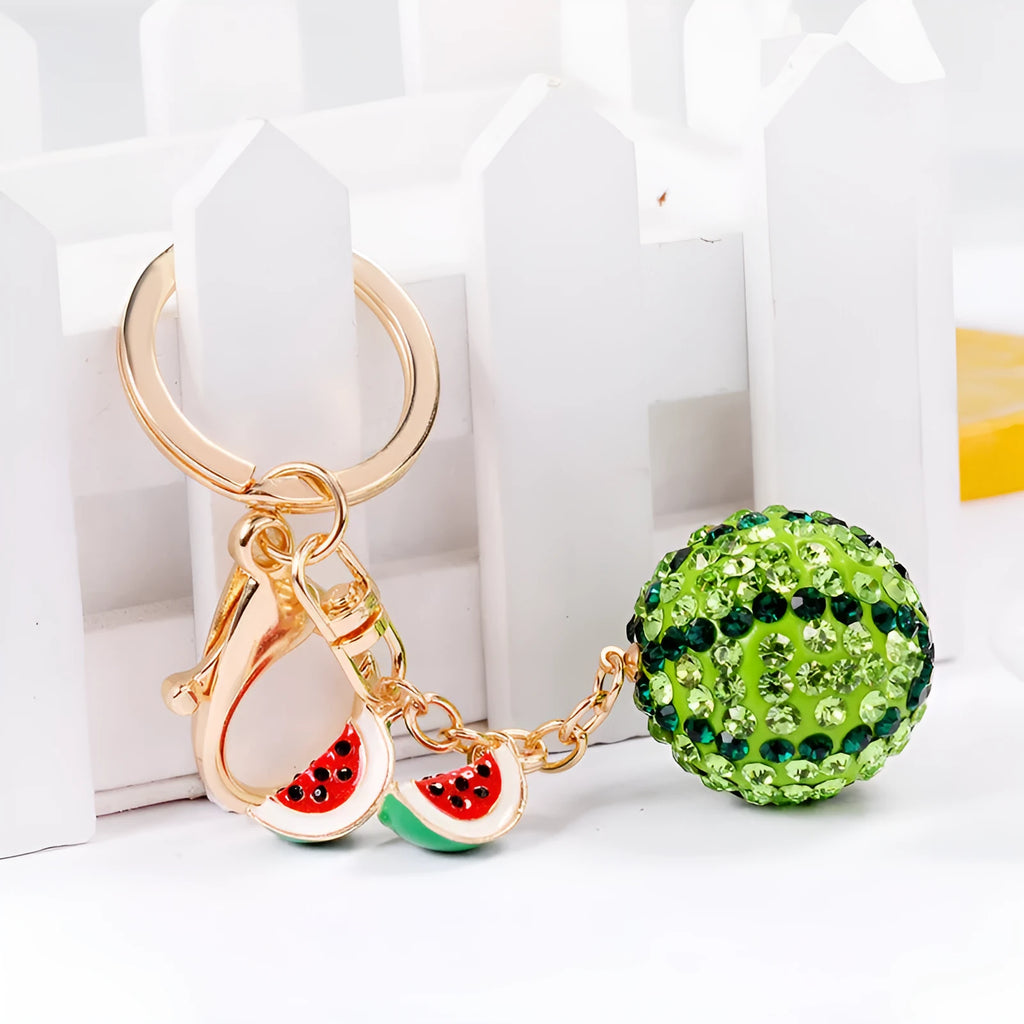 Green watermelon-shaped metal keychain made from zinc alloy, 12cm long.