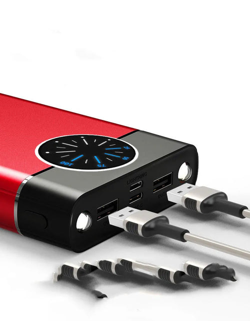Slim black 20000mAh portable power bank with alloy shell and LED flashlight