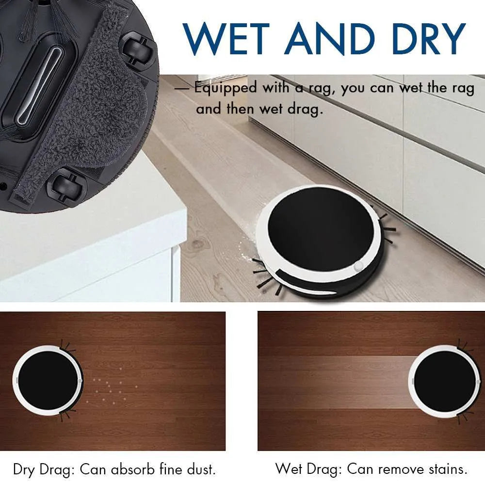 Smart home sweeping robot in white, 27cm square with dust box and charge cable