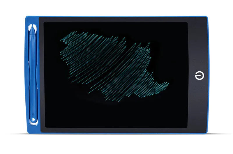 LCD writing tablet with blue green bold font, black frame, pen writing on screen, 150x122mm