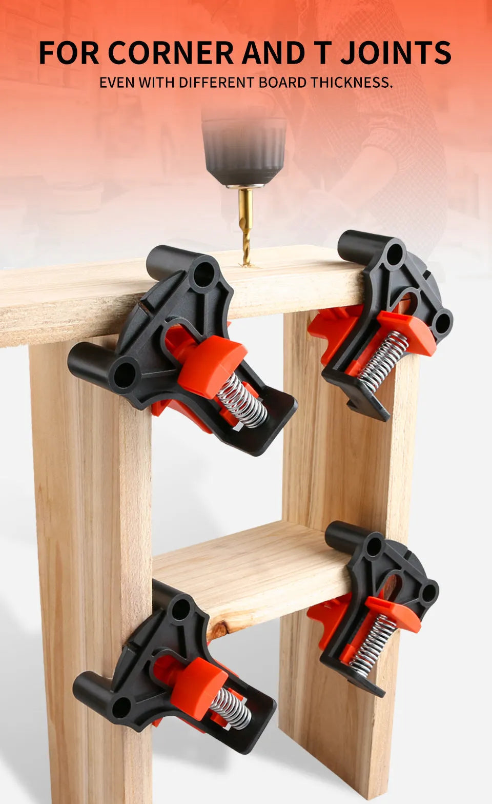 Four plastic 90 degree right angle woodworking clamps for picture frame assembly