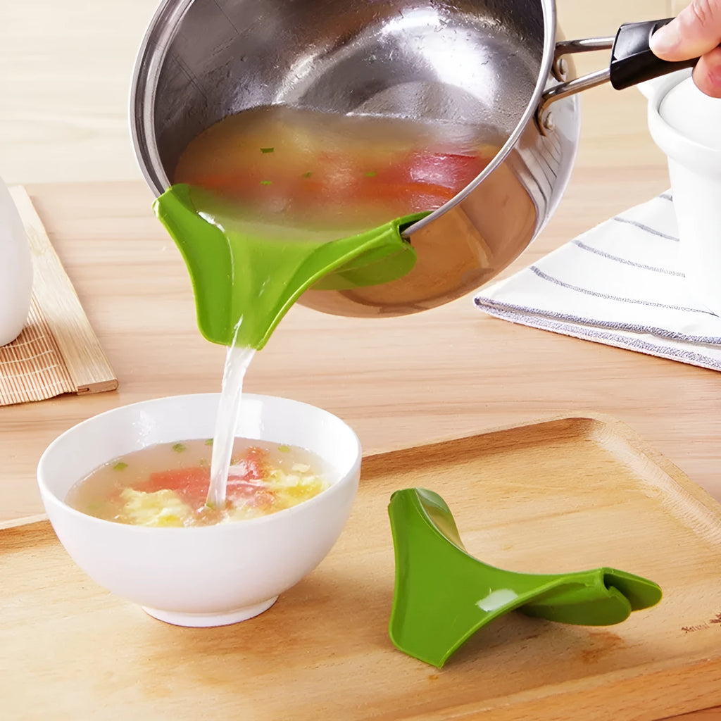 Green silicone kitchen funnel with clip for secure attachment to round pots