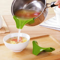 Green silicone kitchen funnel with clip for secure attachment to round pots