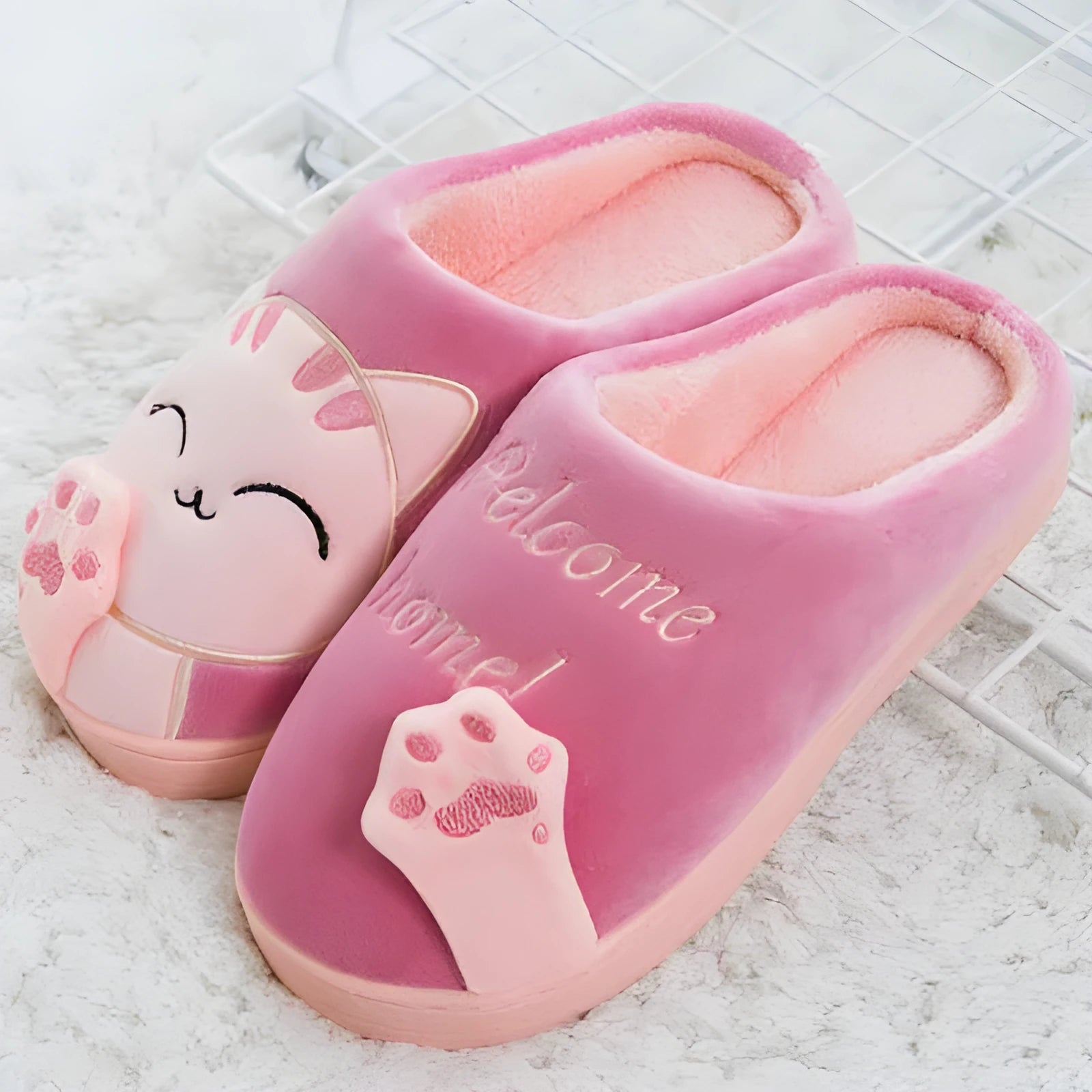 Cartoon cat winter home slippers with suede upper and non-slip sole, available in multiple colours