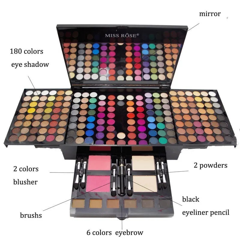 Piano keyboard-shaped makeup palette open to show 180 eyeshadows, blushers, and contour powders.