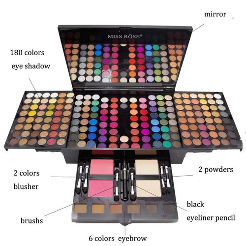 Piano keyboard-shaped makeup palette open to show 180 eyeshadows, blushers, and contour powders.