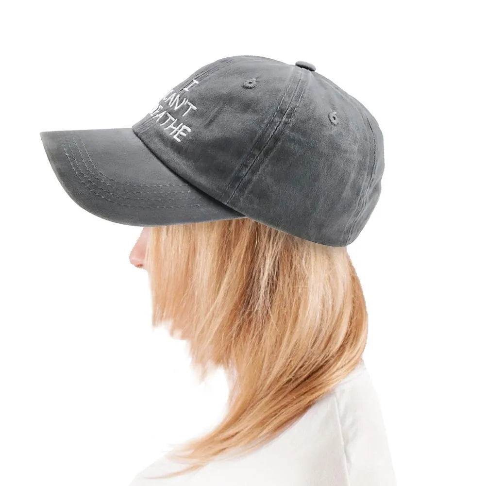 Embroidered 'I can't breathe' cotton baseball cap on display