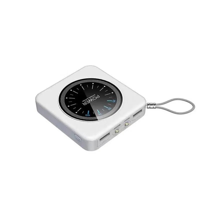 Compact mint green alloy power bank with a digital clock display, showing time and charging ports.