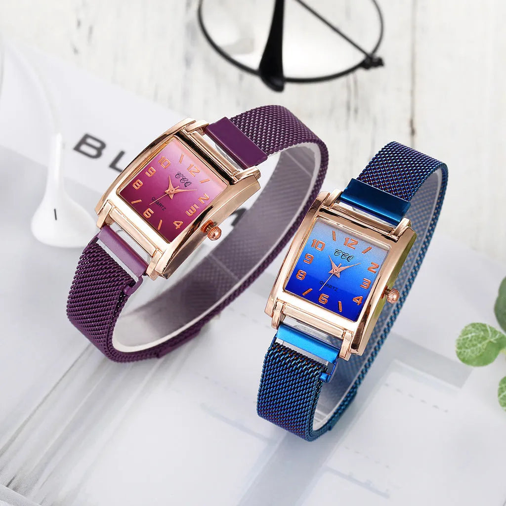 Magnetic buckle casual quartz female watch in rose gold with rectangular alloy dial