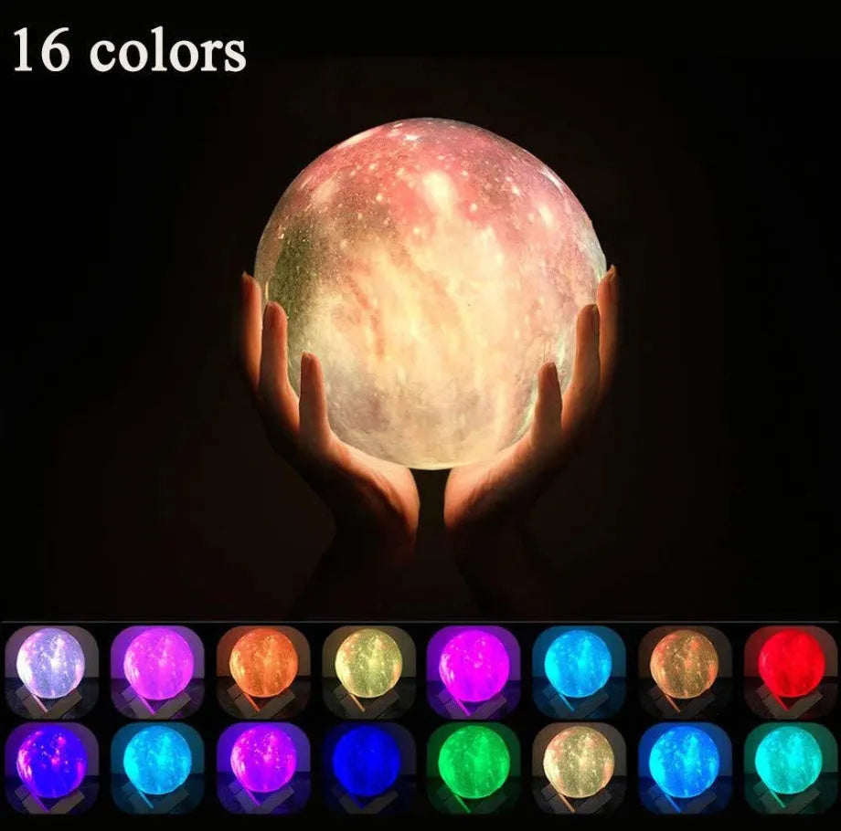 3D-printed spherical lunar night light on a surface, showing its colour-changing LED glow and remote control.