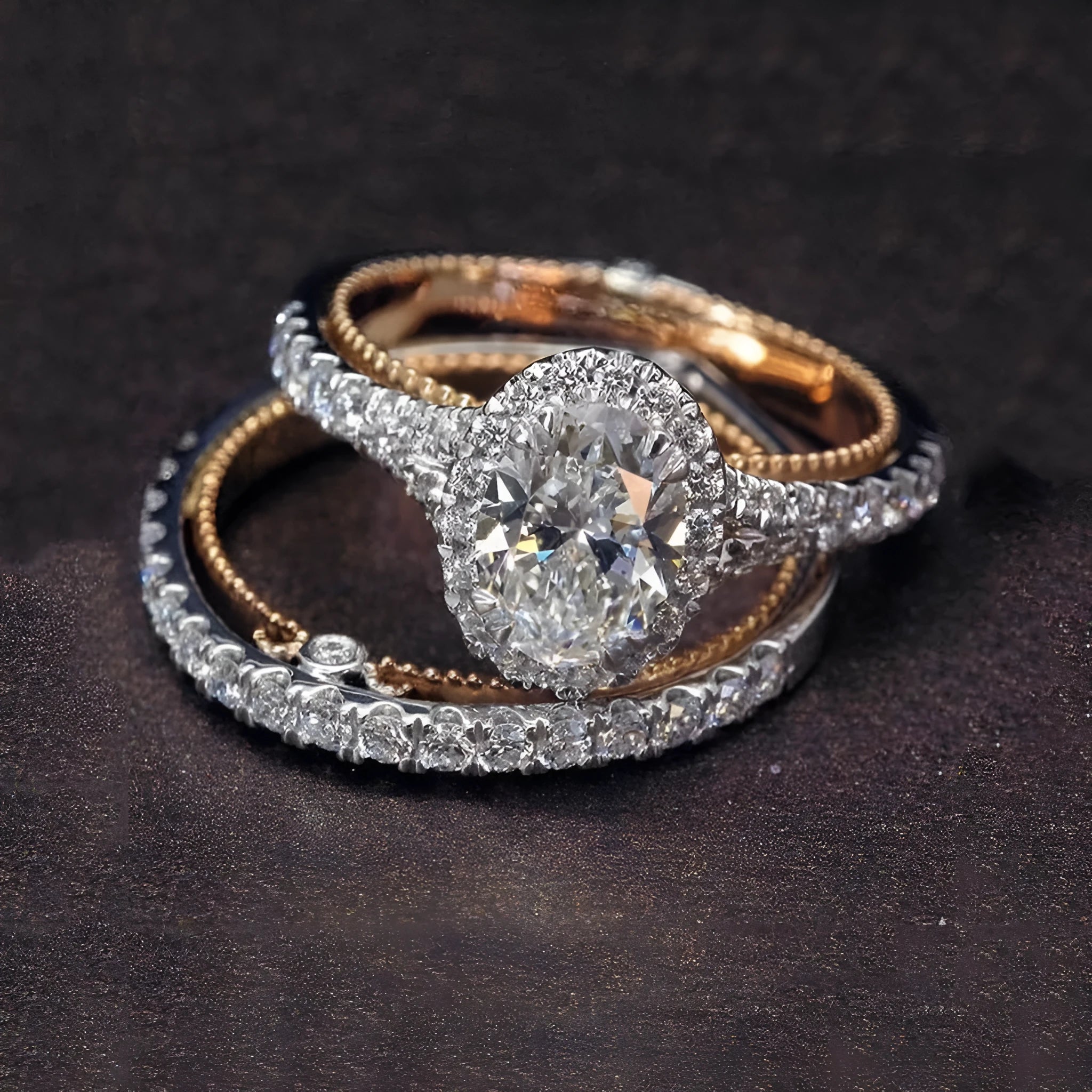 Genuine 925 sterling silver ring set with oval white sapphire and two-tone 14K rose gold overlay, size options 6-10