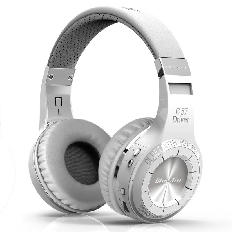 Wireless Bluetooth subwoofer headphones with 57mm driver in white, featuring PU earplugs and 1.2m cable