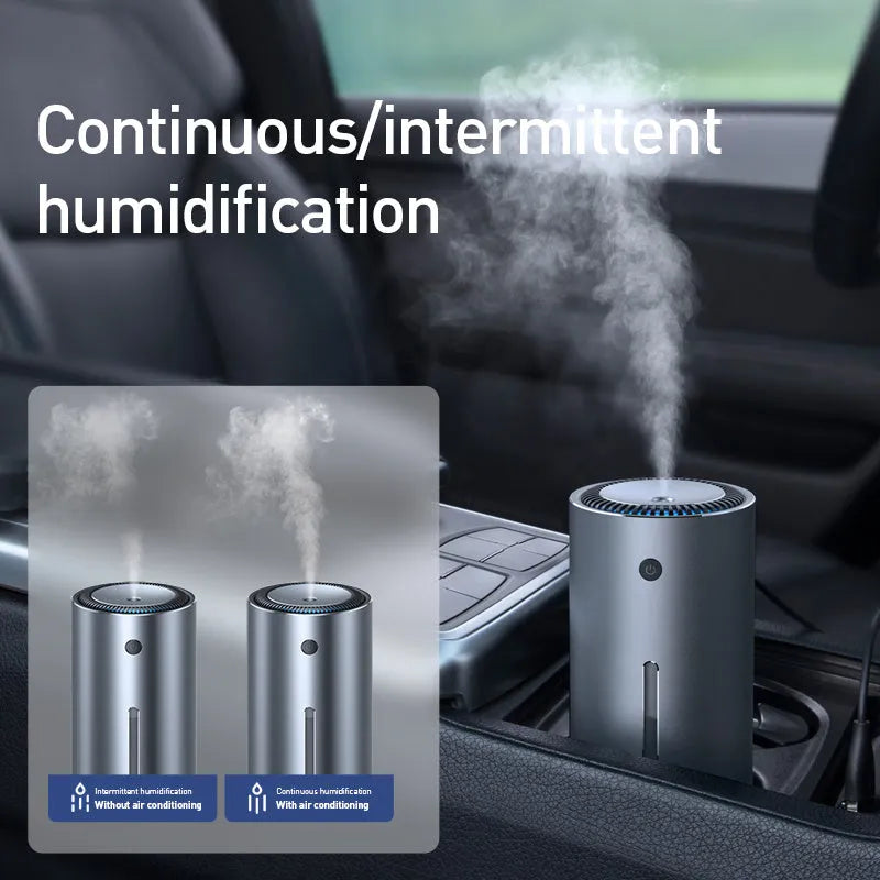 Black aluminium alloy car humidifier and air purifier with USB cable on a car dashboard