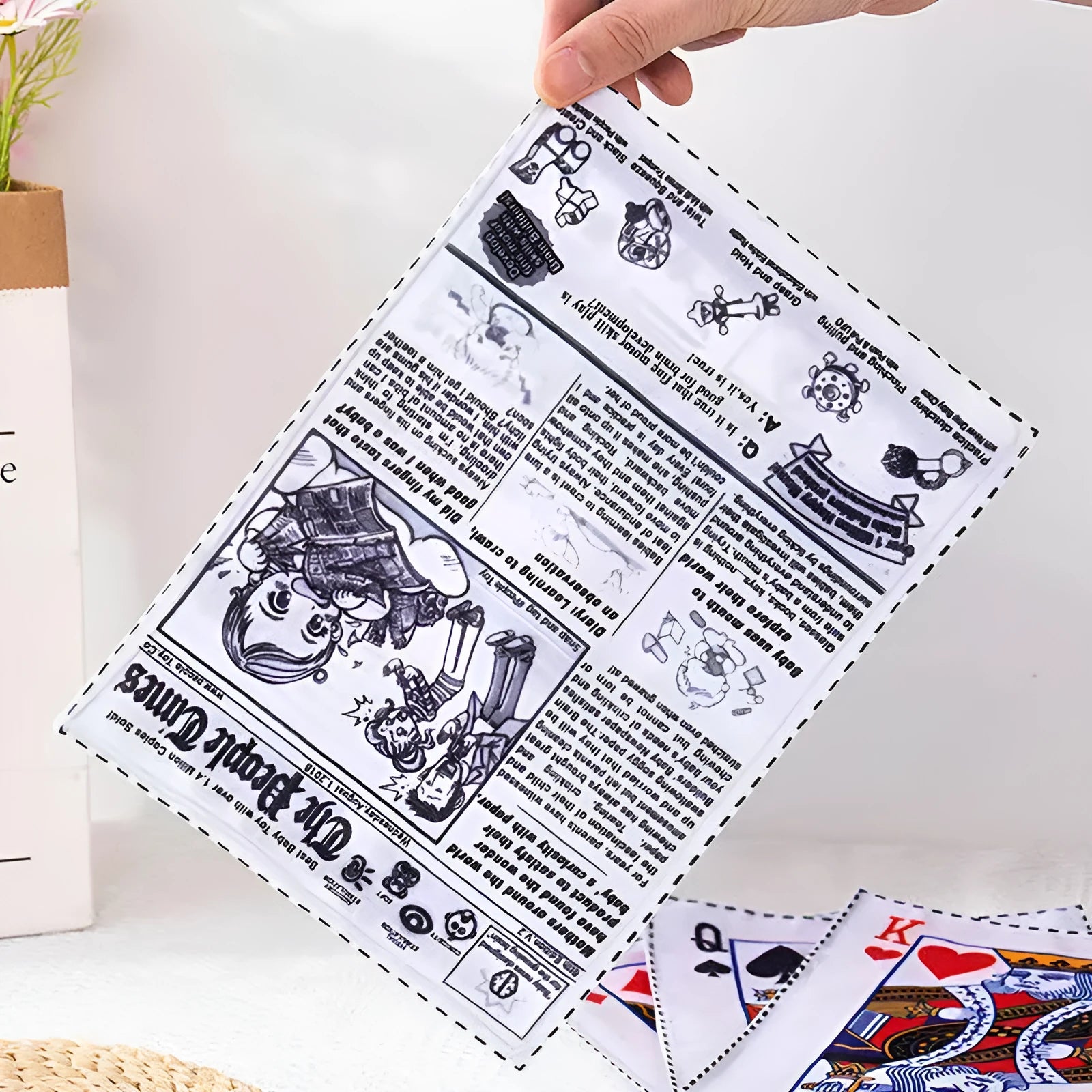 Tearproof dog toy with playing card design featuring simulated newspaper squeak sound mechanism