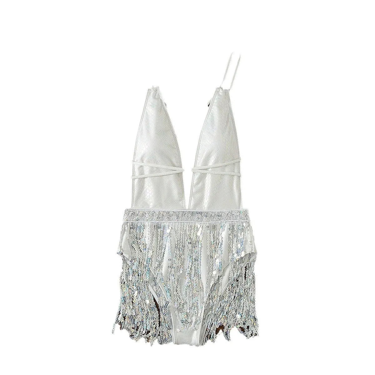 White deep V-neck one-piece swimsuit with tassel detail on a briefs style bottom