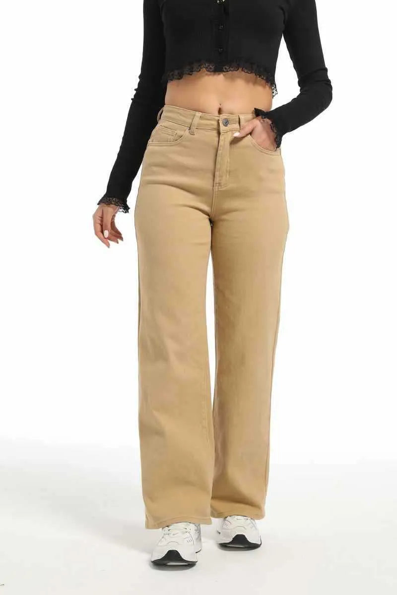 Women's high-waist wide-leg straight jeans in apricot and khaki colours made from stretch cotton.