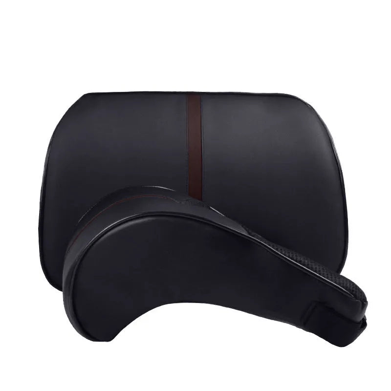 Solid colour leather memory foam car cushion shown as a headrest and lumbar support pillow