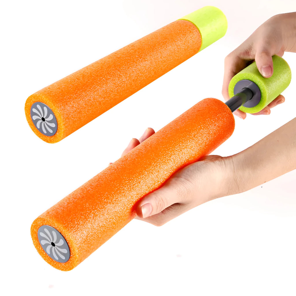 Orange EVA foam and plastic water blaster for children, shown with foam handle and long barrel.
