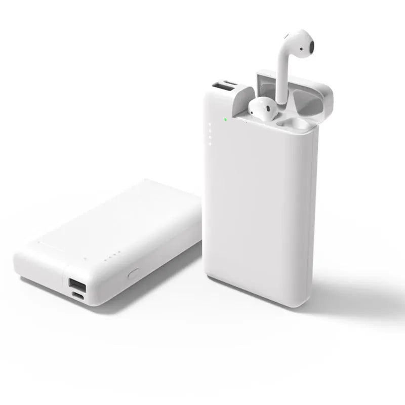 Two-in-one 10000mAh power bank with Bluetooth speaker in black, front view showing USB ports and LED indicators