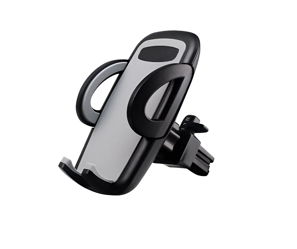 Black universal mobile phone holder clipped to car air conditioning outlet