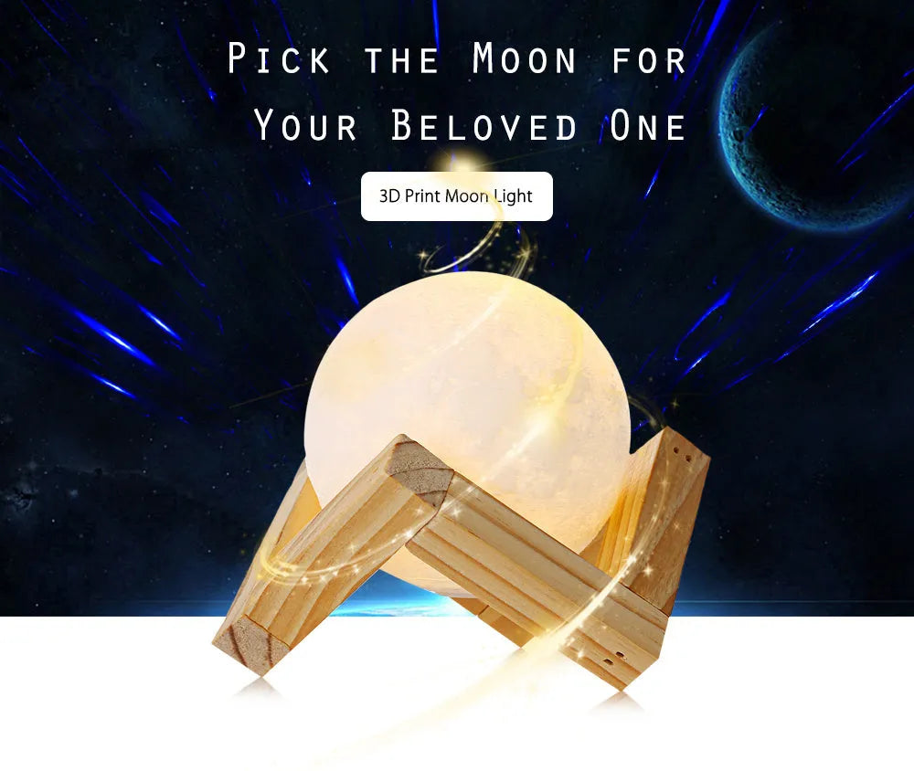 3D printed moon lamp on wooden stand showing detailed lunar surface, with touch ring at base.