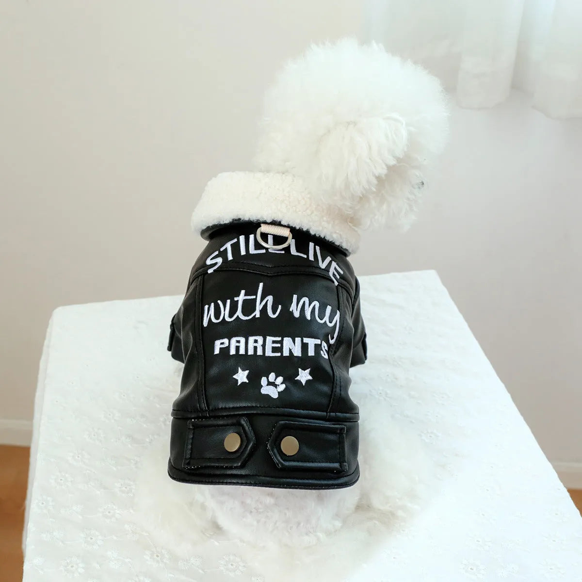 Beige fleece lined padded dog coat in large fur coat style on a mannequin, size label shown.