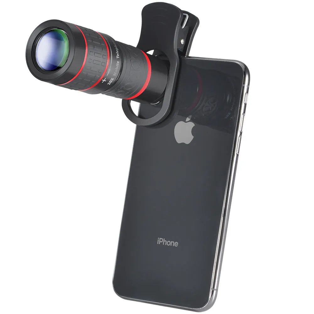 20x magnification mobile phone telescope lens with universal mounting clip and single eye mask.