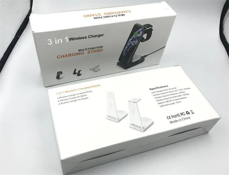 Black foldable 3-in-1 wireless charger showing phone, headphones and watch charging simultaneously