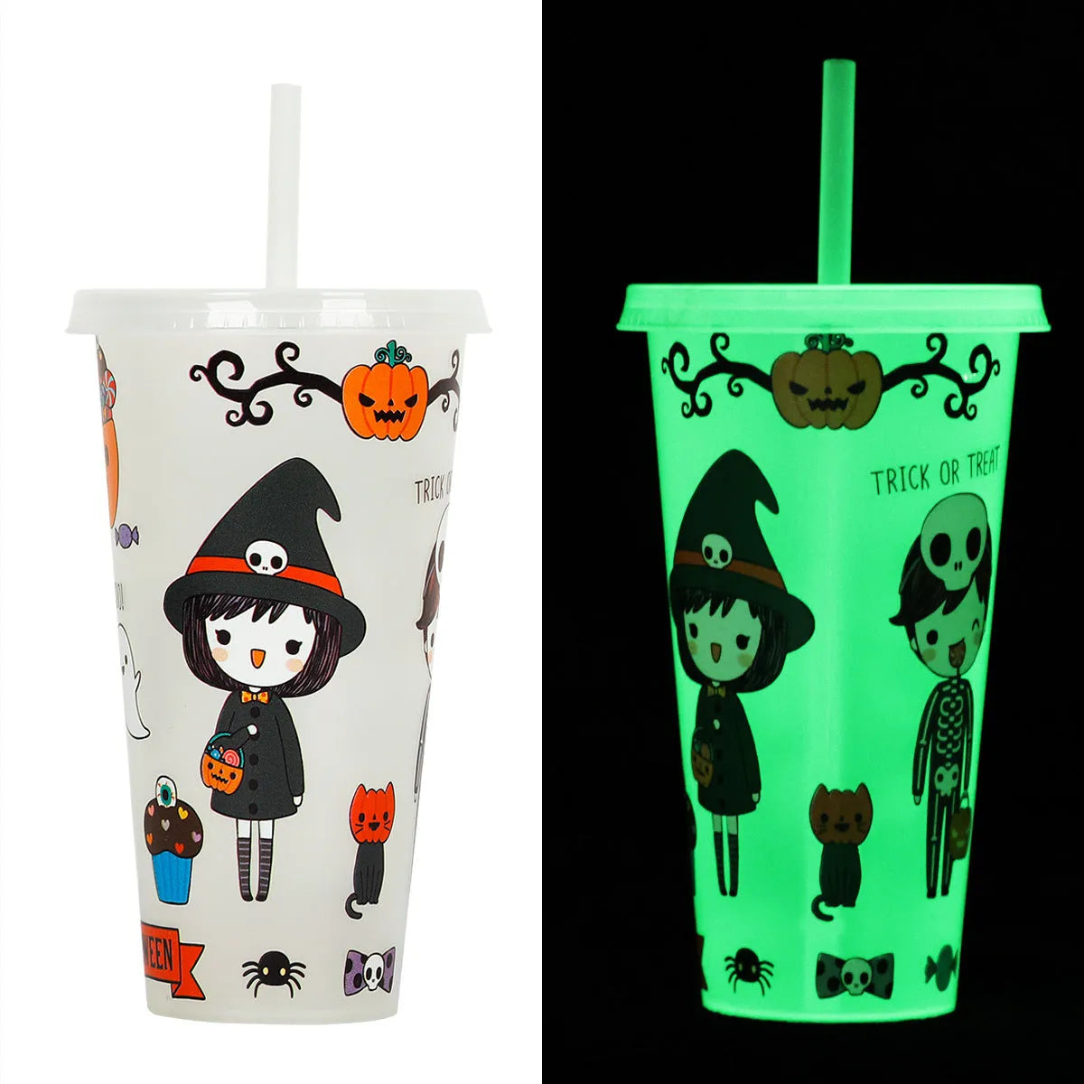 720ml plastic sippy cup with luminous straw in assorted colours for Halloween.